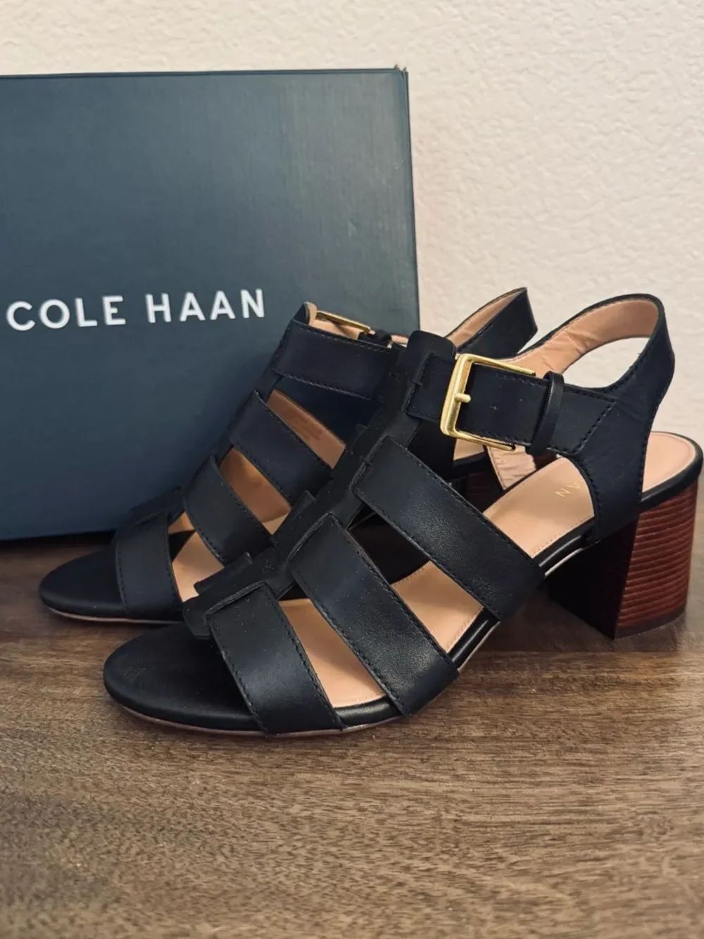 Cole Haan Josie Black Leather Sandal Heels 9.5